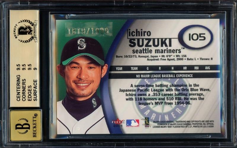 Ichiro Suzuki Signed 2001 Fleer E-X RC 105 BGS 9.5 Sig 10 #1619/1999 Beckett - 2