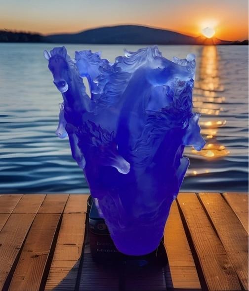 Nancy Daum Style Crystal Blue Horse Vase H9Ã¢â‚¬Â Heavy Art Gla - 10
