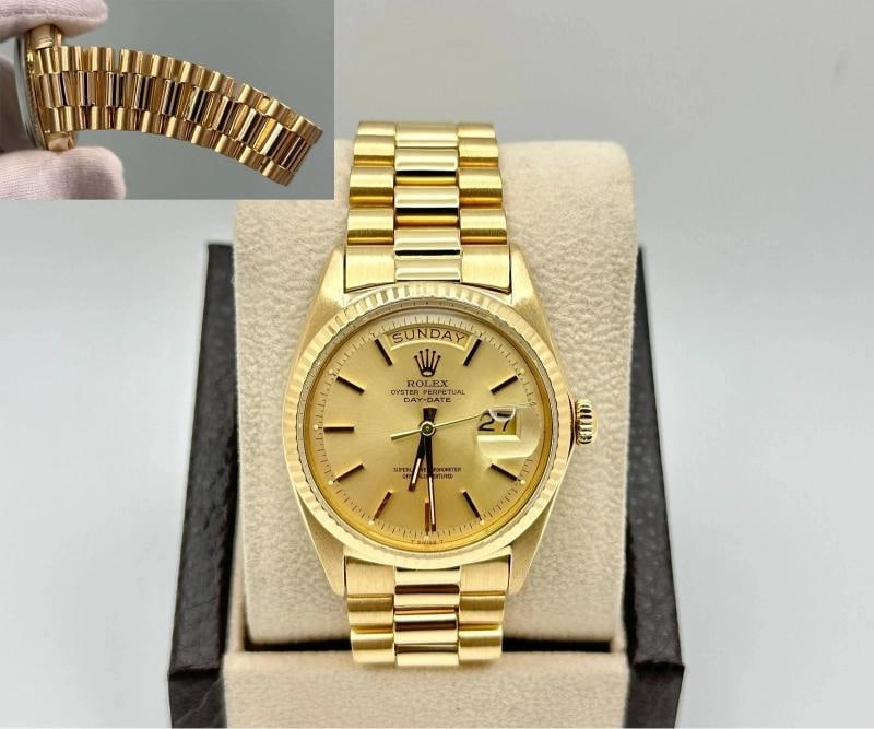Rolex President Day Date 1803 36mm Champagne Dial 18K Yellow Gold: Condition: Pre-owned - Good,Bezel Color: Gold, Yellow,Movement: Mechanical (Automatic),Year Manufactured: 1970-1979,Band/Strap: Rolex President,Vintage: Yes,Reference Number: 1803,Brand: Rolex,Case