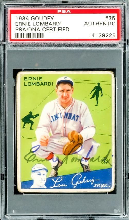 Ernie Lombardi Autographed 1934 Goudey Rookie Card #35 Reds PSA/DNA #14139225: Condition: Ungraded - Very good: Not in original packaging or professionally graded ,Player/Athlete: Ernie Lombardi,Team: Cincinnati Reds,Sport: Baseball,Product: Card,Autographed: Yes,Signed By: