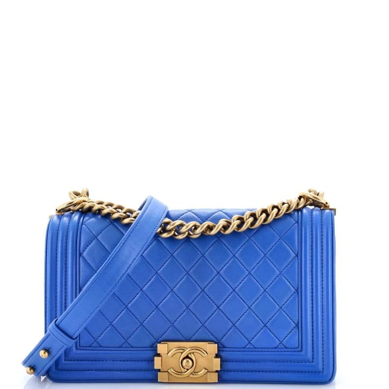Chanel Boy Flap Bag Quilted Lambskin Old Medium: Condition: Pre-owned - Good,Brand: Chanel,Exterior Material: Leather,Style: Shoulder Bags,Exterior Color: Blue,Department: Women,Size: Old Medium,Accessories: Dust Bag, Authenticity Card