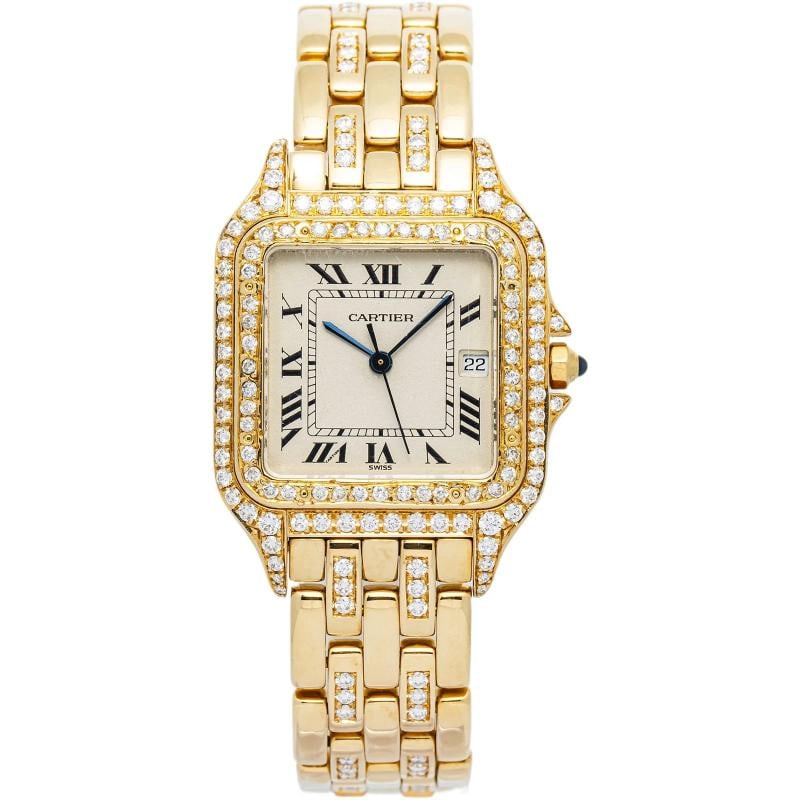 Cartier Panthere Diamond Bezel 18k YG Cream Dial Quartz Women's Watch 28mm: Condition: Pre-owned - Good: This item has been gently used but is in good condition. It might have a few signs of wear, like light scratches or tarnishing. All imperfections should be shown and