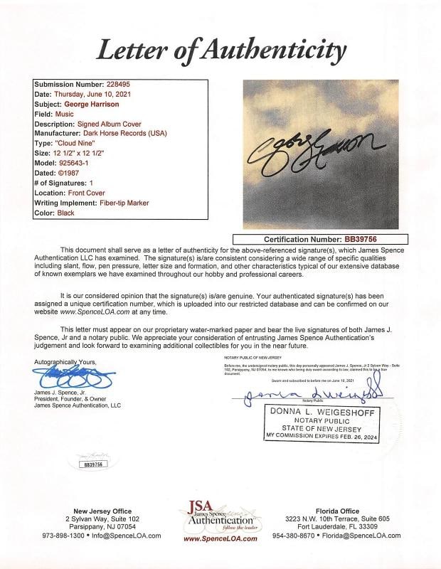 George Harrison Authentic Signed Cloud Nine Album Cover JSA - 4
