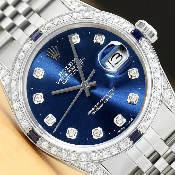 ROLEX MENS DATEJUST 18K WHITE GOLD DIAMOND SAPPHIRE STEEL 16014 QUICKSET WATCH: Condition: Pre-owned - Excellent,Bezel Color: Silver,Max Wrist Size: 7.26-7.5 in,Number of Jewels: 27 Jewels,Indices: Diamond Markers, 12-Hour Dial, Multiple Hands,Bezel: Custom 18K White Gold