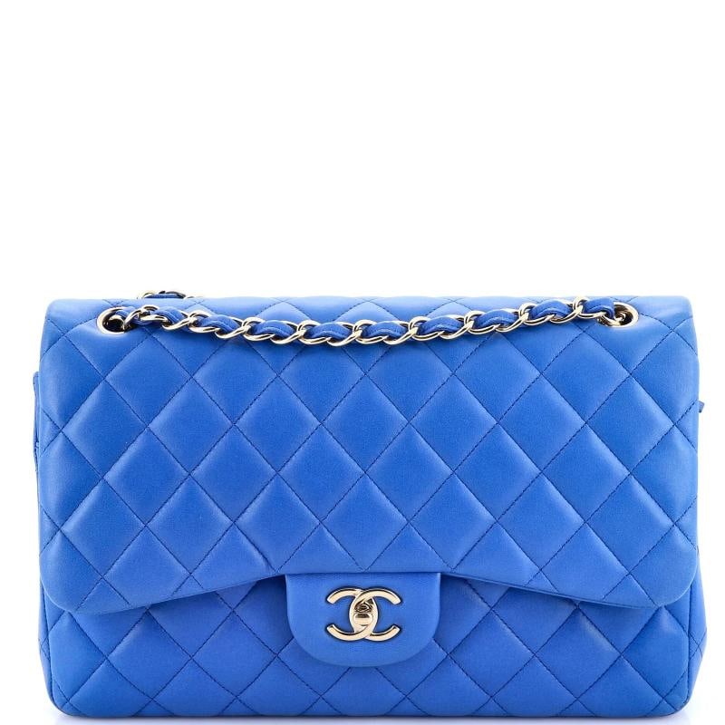 Chanel Classic Double Flap Bag Quilted Lambskin Jumbo: Condition: Pre-owned - Good,Brand: Chanel,Exterior Material: Leather,Style: Shoulder Bags,Exterior Color: Blue,Department: Women,Size: Jumbo,Accessories: Authenticity Card Estimated Retail Price: