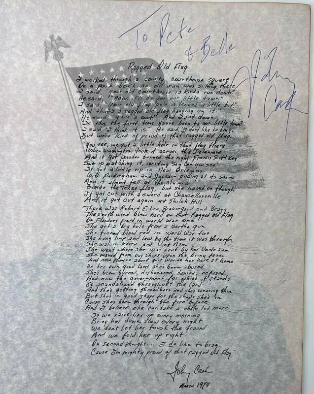 JOHNNY CASH Tour Book Signed Autograph Lyric Page "Ragged Old Flag" JSA LOA (1 of 4)