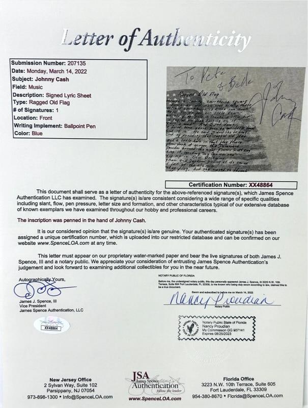 JOHNNY CASH Tour Book Signed Autograph Lyric Page "Ragged Old Flag" JSA LOA - 4