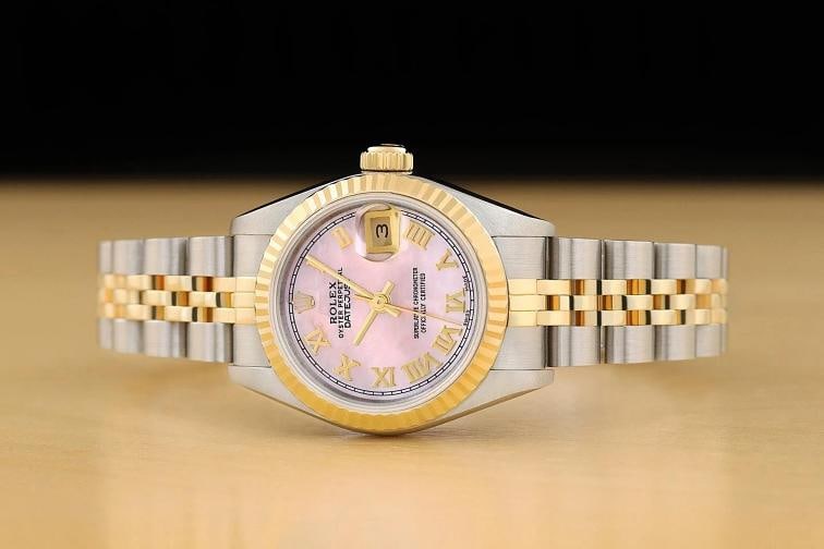 ROLEX LADIES DATEJUST 69173 PINK MOTHER OF PEARL ROMAN DIAL 18K GOLD STEEL WATCH - 3