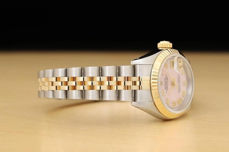 ROLEX LADIES DATEJUST 69173 PINK MOTHER OF PEARL ROMAN DIAL 18K GOLD STEEL WATCH - 7