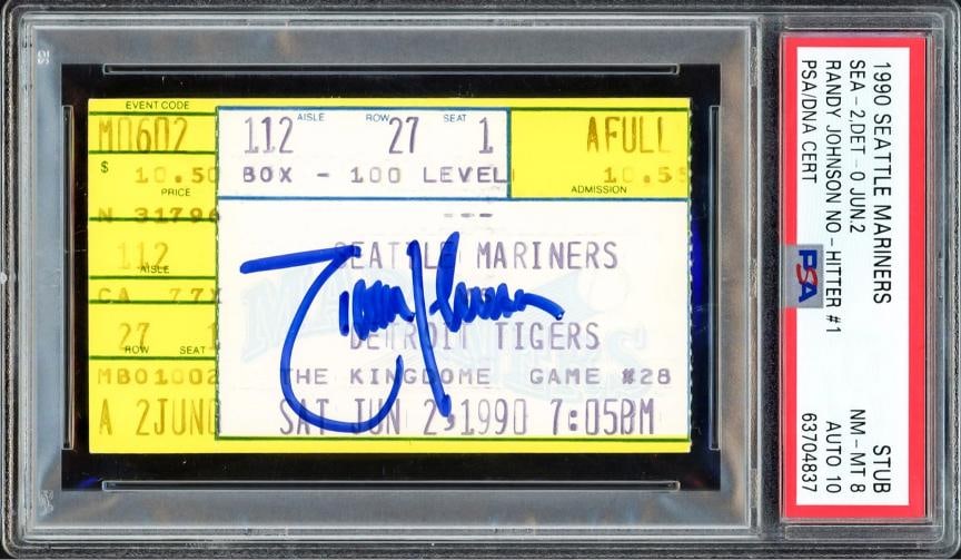 Randy Johnson Auto 1st No Hitter Ticket Stub June 2nd, 1990 PSA 8 Sig 10 PSA/DNA: Player: Randy Johnson,Team: Seattle Mariners,Sport: Baseball-MLB,Product: Ticket,Signed: Yes,Autograph Authentication: Professional Sports Authenticator (PSA),Original/Reprint: Original,Country of Ori
