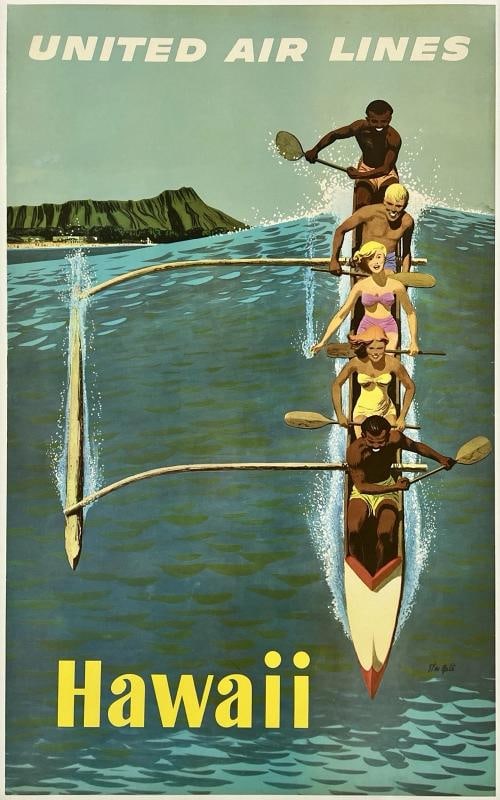 Original Vintage Poster UNITED AIR LINES HAWAII Airline Travel Galli LINEN (1 of 5)