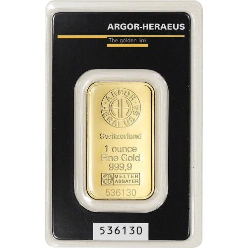 1 oz. Gold Bar - Argor Heraeus - 999.9 Fine in Assay: Country of Origin: Switzerland,Coin: Gold Bars,Strike Type: Business,Brand/Mint: Argor-Heraeus,Fineness: 999.9,Composition: Gold,Circulated/Uncirculated: Uncirculated,Denomination: 1 oz.
