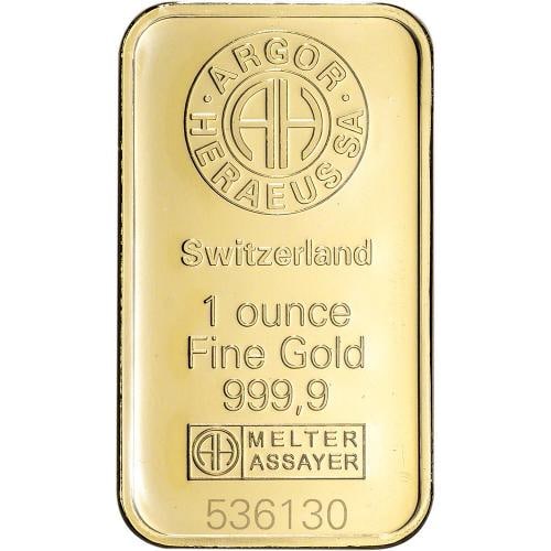 1 oz. Gold Bar - Argor Heraeus - 999.9 Fine in Assay - 3