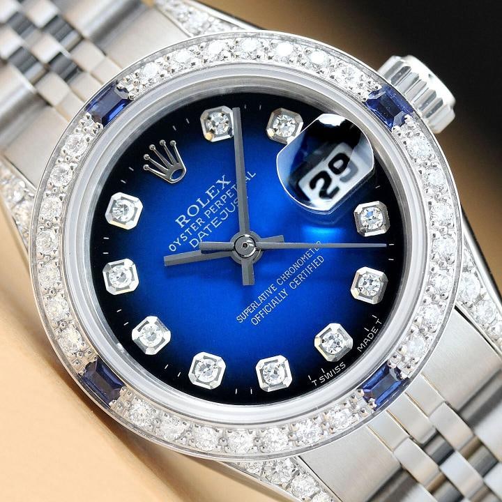 ROLEX LADIES DATEJUST 69174 18K GOLD SS BLUE VIGNETTE DIAMOND BEZEL LUGS WATCH: Condition: Pre-owned - Excellent,Bezel Color: Silver,Max Wrist Size: 6.26-6.75 in,Number of Jewels: 29 Jewels,Indices: Diamond Markers, 12-Hour Dial, Seconds Hand,Band: Rolex Stainless Steel Jubilee