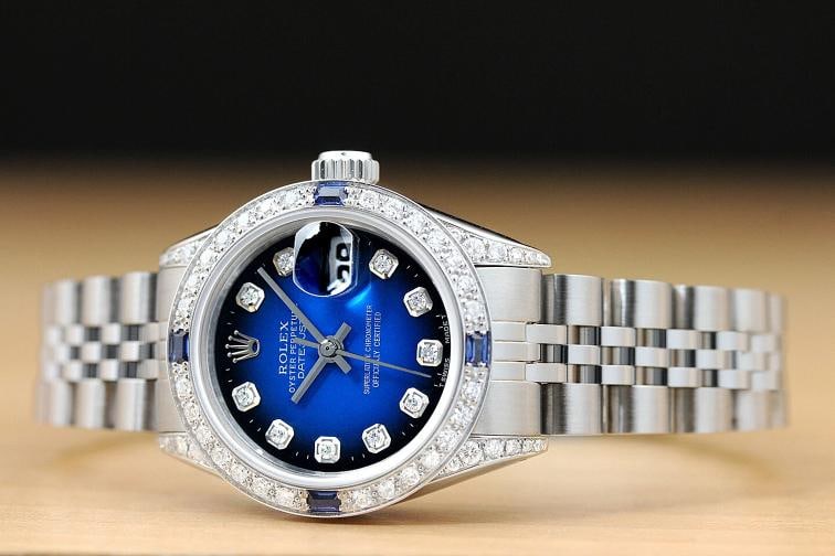ROLEX LADIES DATEJUST 69174 18K GOLD SS BLUE VIGNETTE DIAMOND BEZEL LUGS WATCH - 2