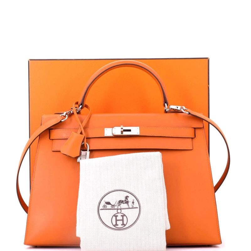Hermes Kelly Handbag Orange Box Calf with Palladium Hardware 32 - 2