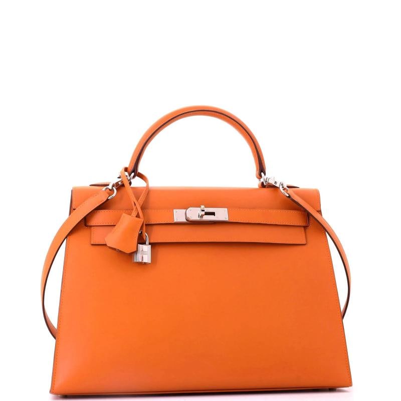 Hermes Kelly Handbag Orange Box Calf with Palladium Hardware 32 - 3