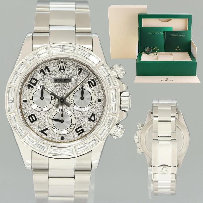 Rolex Daytona 116520 Pave Diamond Baguette Steel Chrono 40mm Watch Box: Condition: Pre-owned - Excellent,Brand: Rolex,Department: Men,Type: Wristwatch,Customized: Yes,Country of Origin: Switzerland Brand Rolex (Guaranteed Authentic) Model Daytona Cosmograph Reference Numb