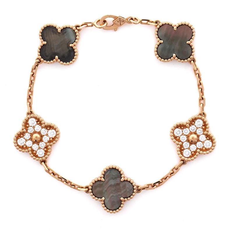 Van Cleef & Arpels Vintage Alhambra 5 Motifs Bracelet 18K Rose Gold and Mother: Measurements: Circumference: 7.00 ", Width: 14.95 mm . Condition: Pre-owned - Good,Brand: Van Cleef & Arpels,Main Stone: Diamond,Metal: 18K Rose Gold,Metal Purity: 18K,Style: Bracelet,Type: Bracelet,C