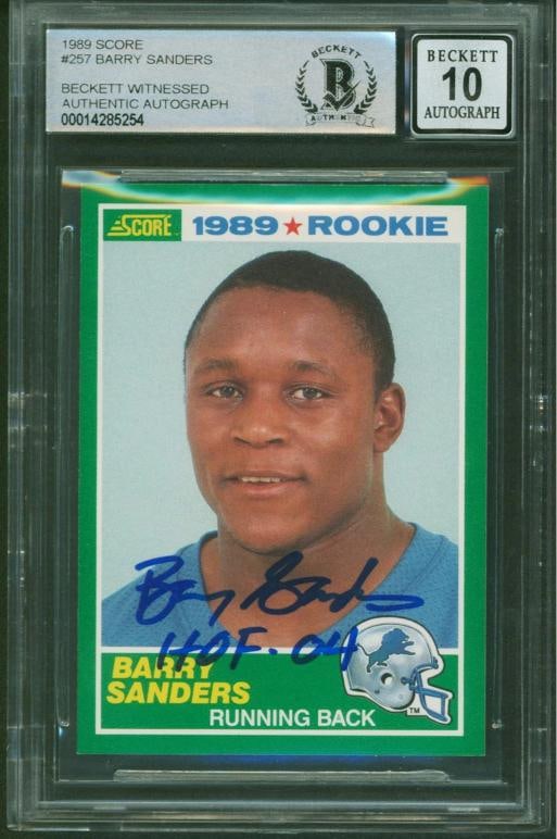 Barry Sanders Signed 1989 Score #257 Rookie Card Inscribed "HOF 04" (Beckett 10 Auto): Sport: Football-NFL,Product: Box, Box & Case Breaks, Case, Coin, etopps (In-hand), Lot, Pack,,Original/Reprint: Original,Player: Barry Sanders,Autograph Authentication: Beckett,Team: Detroit