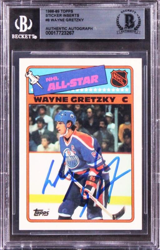 Wayne Gretzky Signed 1987 Topps Sticker Inserts #8 (Beckett): Sport: Ice Hockey,Product: Box, Box & Case Breaks, Case, Coin, etopps (In-hand), Lot, Pack,,Original/Reprint: Original,Player: Wayne Gretzky,Autograph Authentication: Beckett,Team: Edmonton