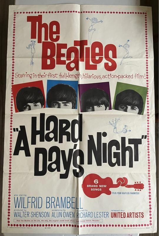 The Beatles RARE ORIGINAL Movie Poster 1964 A Hard Days Night: This original vintage movie poster was folded (as issued) and is sized 26 3/4 x 41 1/2 inches . Year: 1964 Poster Type: US 1 Sheet Origin : United States Manufacture Date : 1964 Materials : ,