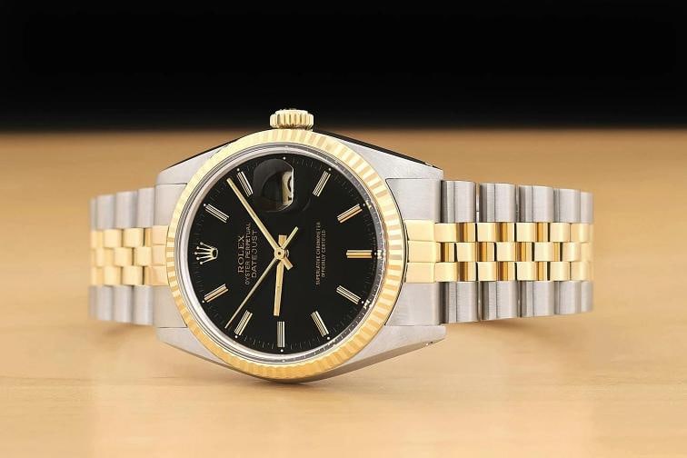 ROLEX MENS DATEJUST 16013 BLACK DIAL 18K YELLOW GOLD STAINLESS STEEL WATCH - 2