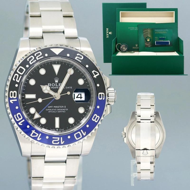 2026 NEW PAPERS Rolex 126710BLNR GMT Master II Batman Black Blue Oyster Watch: Case & Dial Case Material: Rolex Stainless Steel Case Size: 40mm Bezel: Rolex Black and Blue Ceramic Batman Crystal: Rolex Sapphire Dial: Rolex Black Movement & Bracelet Movement: Rolex Automatic