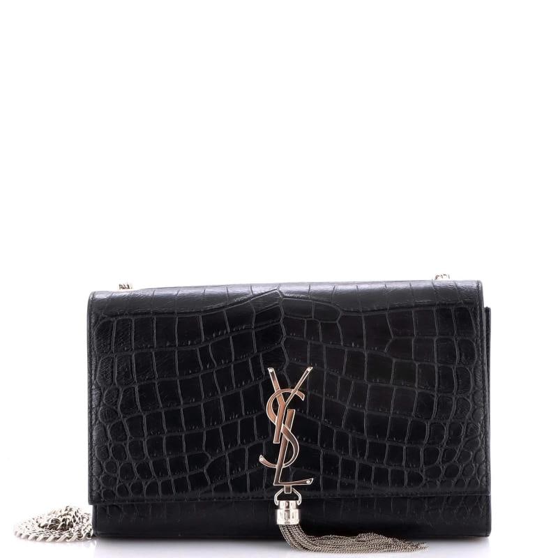Saint Laurent Classic Monogram Tassel Crossbody Bag Crocodile Embossed Leather: Measurements: Handle Drop 10", Height 6", Width 9.5", Depth 2", Strap Drop 19" . Condition: Pre-owned - Good,Brand: Saint Laurent,Exterior Material: Leather,Style: Cross Body Bags,Exterior Color:
