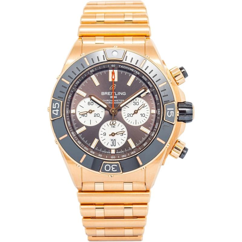 Breitling Super Chronomat RB0136 Complete 18k RG Black Dial Auto Men Watch 44mm: Case Size 44mm Wrist Fit 8 inches Box Yes Papers Yes Condition Ã¢â‚¬â€ Used - Like New Full Specifications Brand Breitling Customized No Serial # 3344803 Gen