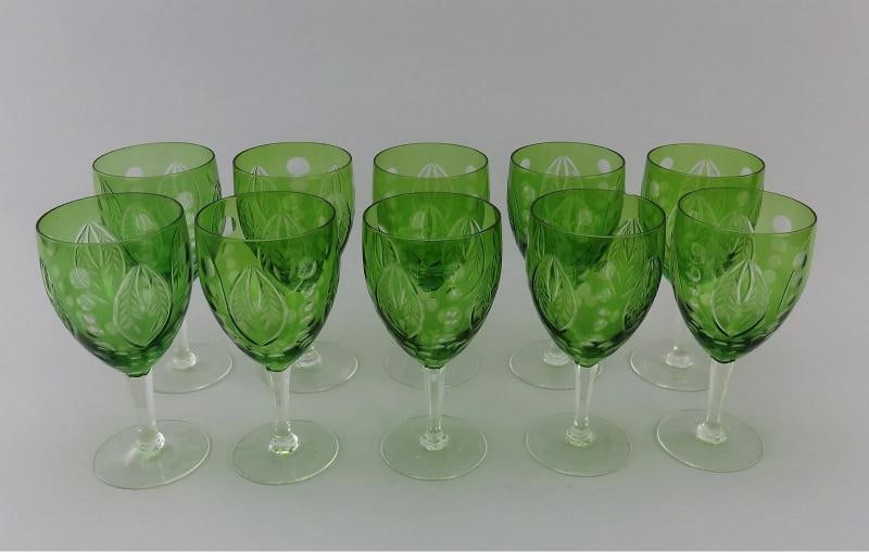 Lovely Set 10 Antique Green Cut to Clear Cut Glass Wine Glasses Stemware 6": Each glass stands about 6 inches tall at the rim and measures about 3 inches in diameter at the rim or 2 3/4 inches in diameter at the foot. . Condition: Used: An item that has been used previously.