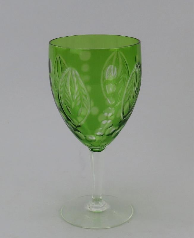 Lovely Set 10 Antique Green Cut to Clear Cut Glass Wine Glasses Stemware 6" - 2