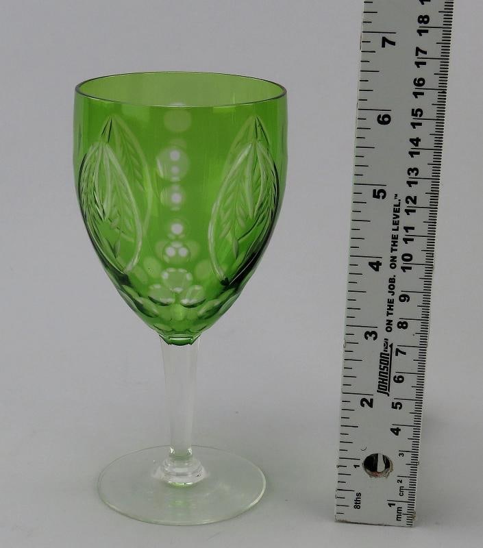Lovely Set 10 Antique Green Cut to Clear Cut Glass Wine Glasses Stemware 6" - 3