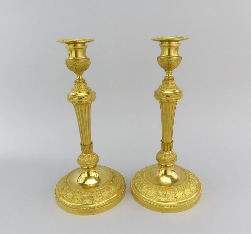 1840/50s Ferdinand Barbedienne Pair Fancy Gilded Brass Candlesticks 11 1/4": Measurements: 5 1/2 inches in diameter at the base and 11 1/4 inches tall . Condition: Used: An item that has been used previously. See the sellerÃ¢â‚¬â„¢s