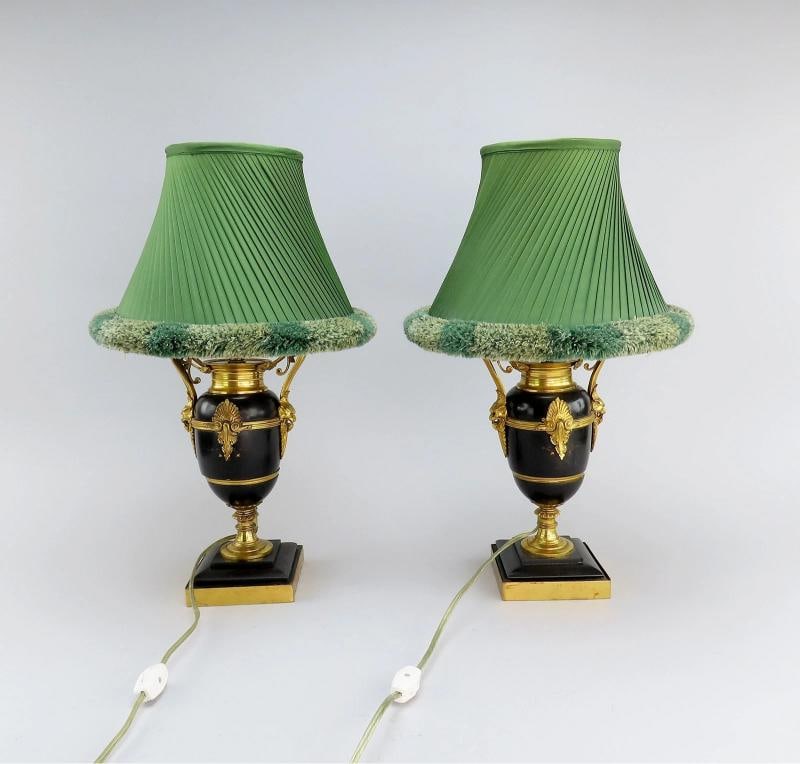 Mid-1800s French Style Black Stone Urn Lamps Pair w/ Green Lampshades 17" Tall: Measurements: Lamp: 4 1/4 inches by 4 1/4 inches at the base, and 17 inches tall with a light-bulb Lampshades: 11 1/4 inches in diameter at the base and 7 1/4 inches tall. Condition: Used: An item tha