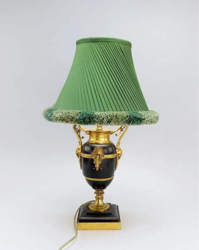 Mid-1800s French Style Black Stone Urn Lamps Pair w/ Green Lampshades 17" Tall - 2