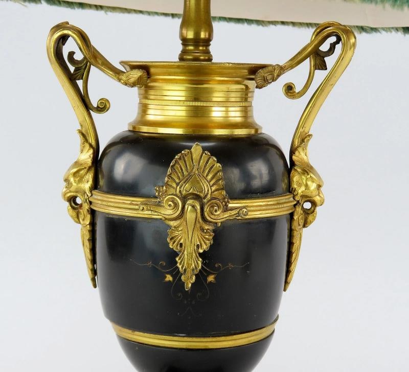 Mid-1800s French Style Black Stone Urn Lamps Pair w/ Green Lampshades 17" Tall - 3