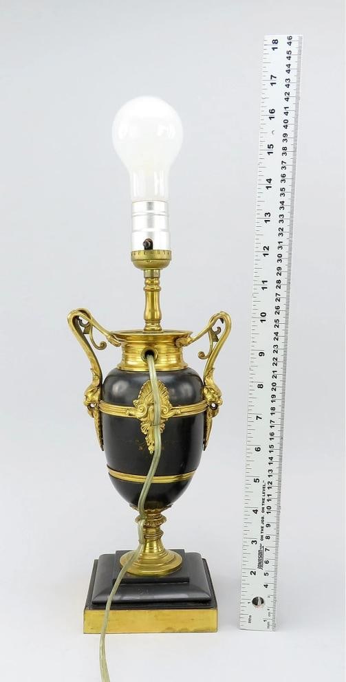 Mid-1800s French Style Black Stone Urn Lamps Pair w/ Green Lampshades 17" Tall - 6
