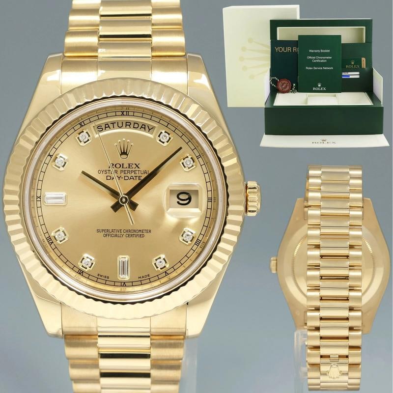 MINT PAPERS Rolex Day Date II President Yellow Gold Diamond 41mm 218238 Watch: Brand Rolex (Guaranteed Authentic) Model Date Date II President Reference Number 218238 Serial Number V Gender Mens Metal Yellow Gold Case Size 41.00mm Wrist Size This watch will currently comfortably