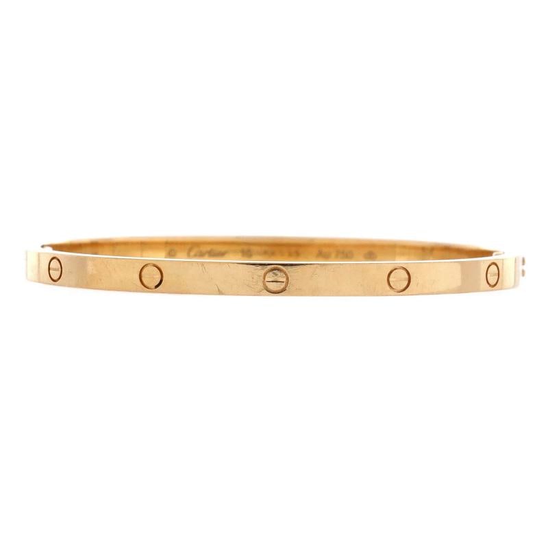 Cartier Love Bracelet 18K Yellow Gold Small: Measurements: Circumference: 5.80 ", Width: 3.65 mm . Condition: Pre-owned - Good,Brand: Cartier,Main Stone: Unknown,Metal: 18K Yellow Gold,Metal Purity: 18K,Style: Bracelet,Type: Bracelet,Color: