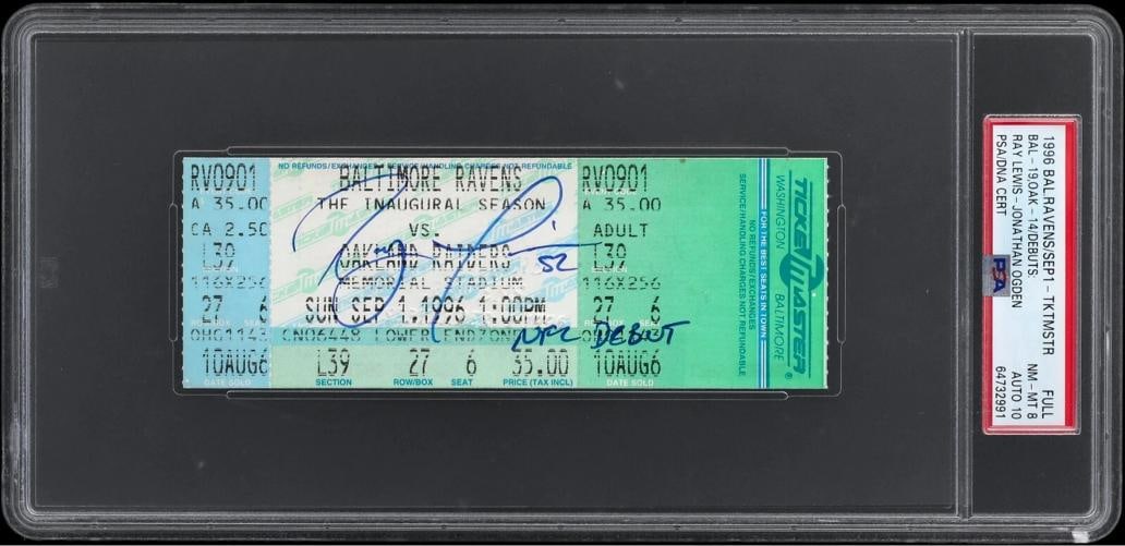 Ray Lewis Signed NFL Debut Full Ticket PSA DNA Auto 10 GEM MINT: Sport: Football,Player: Ray Lewis,Original/Reproduction: Original,Vintage: Yes,Country of Origin: United States