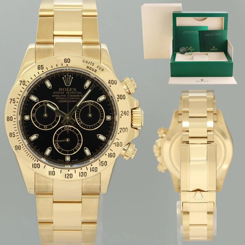 2014 MINT Rolex Daytona 116528 Black Chrono Yellow Gold 40mm Watch Box: Brand Rolex (Guaranteed Authentic) Model Daytona Cosmograph Reference Number 116528 Serial Number Random Gender Men's Metal Yellow Gold Case Size 40.00mm Wrist Size This watch will currently comfortab