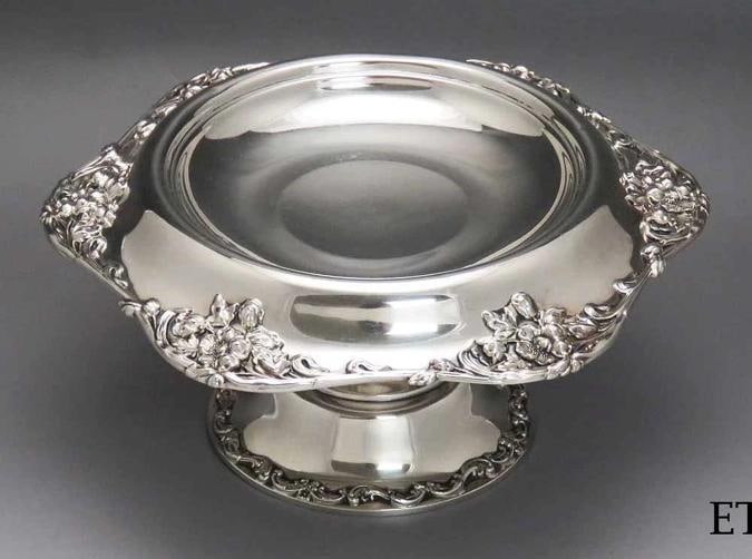 c1895-1910 Art Nouveau International Sterling Silver Compote / Footed Bowl: The compote measures about 8 Ã‚Â¼ inches in diameter and stands about 3 7/8 inches tall. This piece weighs 315 grams or 11.1 regular ounces.