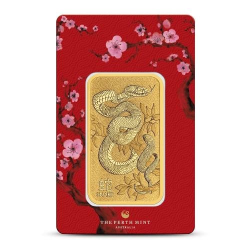 1 oz Perth Mint Lunar Year of the Snake Gold Bar (New): Certification: Assay Card,Brand/Mint: Perth Mint,Country of Origin: Australia,Precious Metal Content per Unit: 1 oz,Fineness: 0.9999,Composition: Gold,Shape: Bar