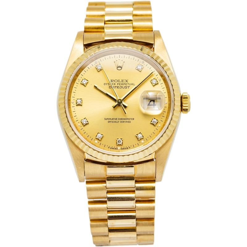 Rolex DateJust 16238 Auto 18k Diamond Champagne Dial 1991 Paper Men's Watch 36mm: Condition: Pre-owned - Good: This item has been gently used but is in good condition. It might have a few signs of wear, like light scratches or tarnishing. ,Brand: Rolex,Type: