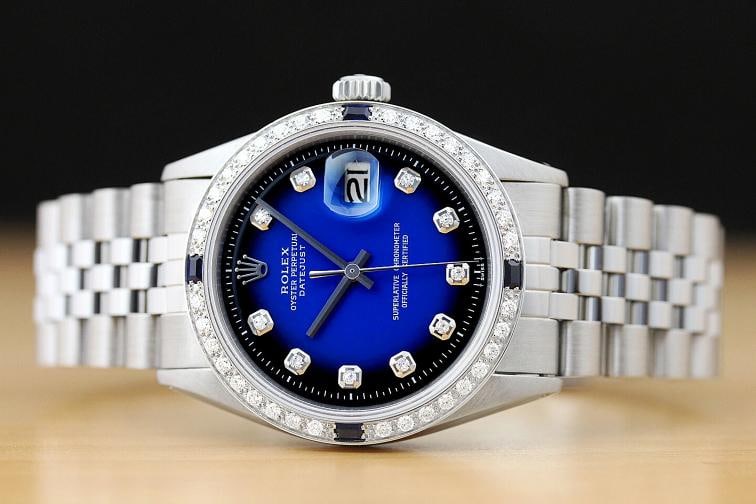 MENS ROLEX DATEJUST BLUE VIGNETTE SAPPHIRE DIAMOND 18K WHITE GOLD & STEEL WATCH - 4