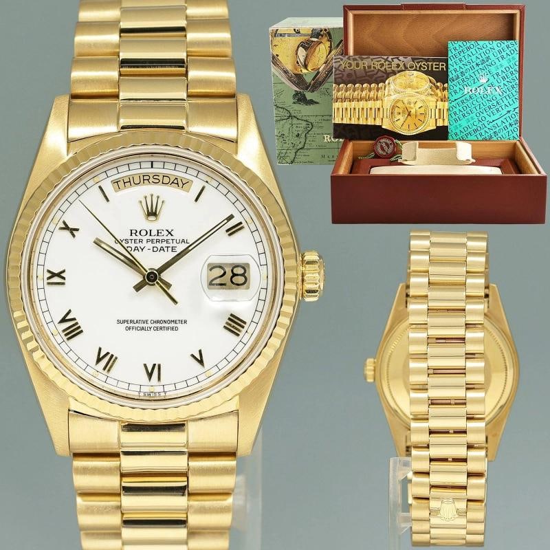 MINT Rolex 36mm President Day Date White Roman 18038 Quick Set Yellow Gold Watch: Condition: Pre-owned - Excellent,Brand: Rolex,Department: Men,Type: Wristwatch,Country of Origin: Switzerland