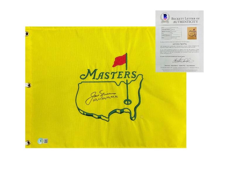 JACK NICKLAUS SIGNED AUTO OFFICIAL MASTERS FLAG BECKETT BAS WIN YEARS INSC: Product: Flag,Player: Jack Nicklaus,Sport: Golf-PGA,Autograph Authentication: Beckett,Original/Reprint: Original,Country of Origin: United States