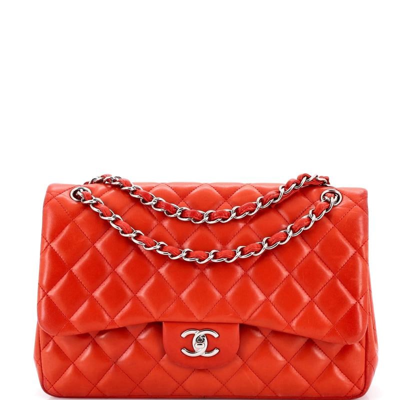 Chanel Classic Double Flap Bag Quilted Lambskin Jumbo: Condition: Pre-owned - Fair,Brand: Chanel,Exterior Material: Leather,Style: Shoulder Bags,Exterior Color: Orange,Department: Women,Size: Jumbo Estimated Retail Price: $11,700 Condition: Fair.