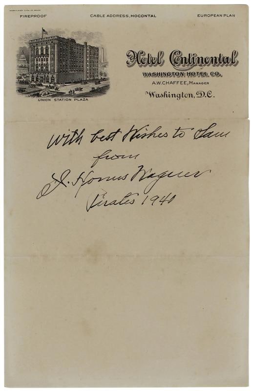 Pirates Honus Wagner Authentic Signed 6x9.5 1940 Handwritten Letter JSA: Product: Not Available,Player: Honus Wagner,Original/Reprint: Original,Autograph Authentication: JSA,Team: Pittsburg Pirates,PRODUCT_COA: JSA,PRODUCT_SIGNED_BY_NAME: Honus